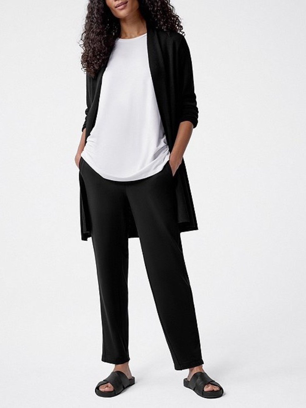 EILEEN FISHER Simple Side Slit Open Front Wool Cardigan | Black | Medium